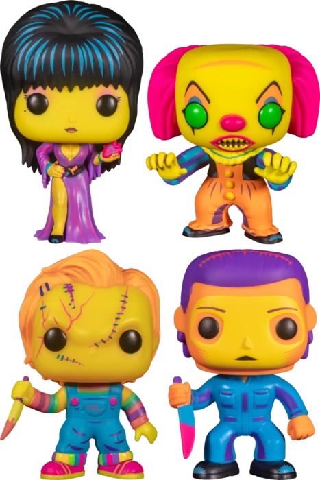 Funko Pop! Horror Classics - Chucky, Elvira, Pennywise & Michael Myers Blacklight - Bundle (Set Of 4) 3 Funko Pop! Horror Classics - Chucky, Elvira, Pennywise & Michael Myers Blacklight - Bundle (Set Of 4)