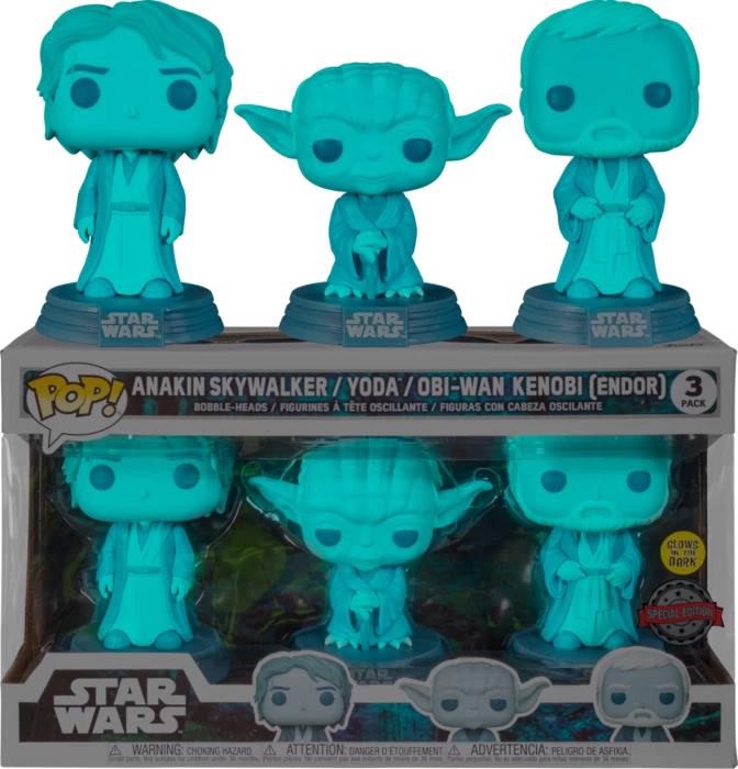 Funko Pop! Star Wars: Across The Galaxy - Anakin Skywalker, Yoda & Obi-Wan Kenobi Endor Force Ghost Glow In The Dark - 3-Pack 3 Funko Pop! Star Wars: Across The Galaxy - Anakin Skywalker, Yoda & Obi-Wan Kenobi Endor Force Ghost Glow In The Dark - 3-Pack